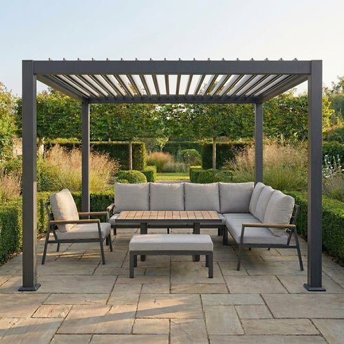 Outdoor patio set with pergola on a stone patio