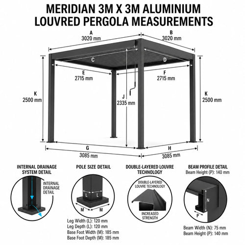 Measurement chart for a 3x3 meter aluminium louvred pergola with technical details.