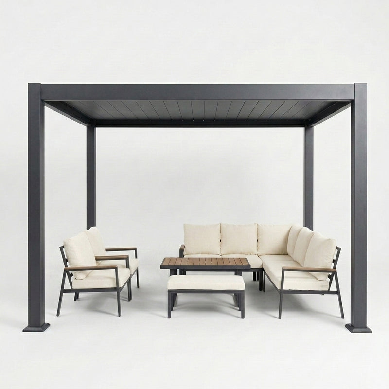 Outdoor furniture set with pergola on a white background