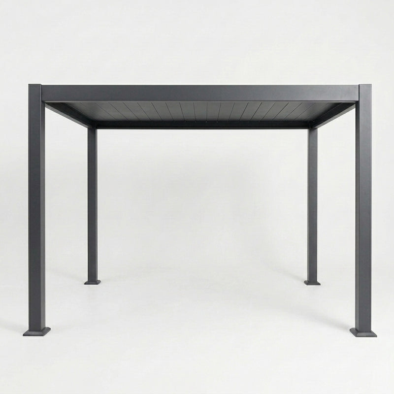 Rectangular outdoor table with a dark gray finish on a white background