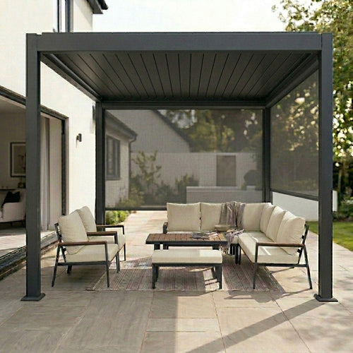 Outdoor patio with pergola, furniture, and view of a house and trees.
