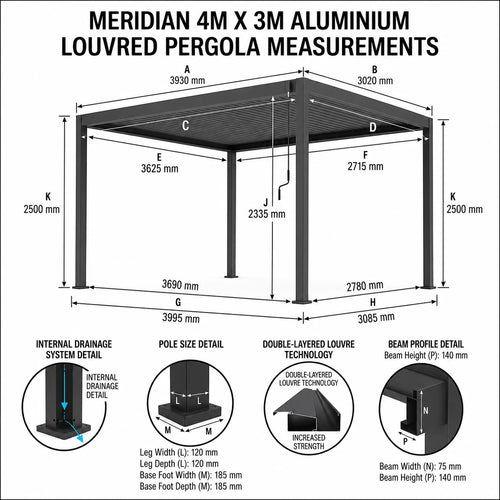 Measurement chart for a 4m x 3m aluminium louvred pergola with technical details.