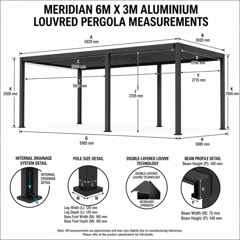 Measurement chart for a 6m x 3m aluminium louvred pergola with detailed dimensions.
