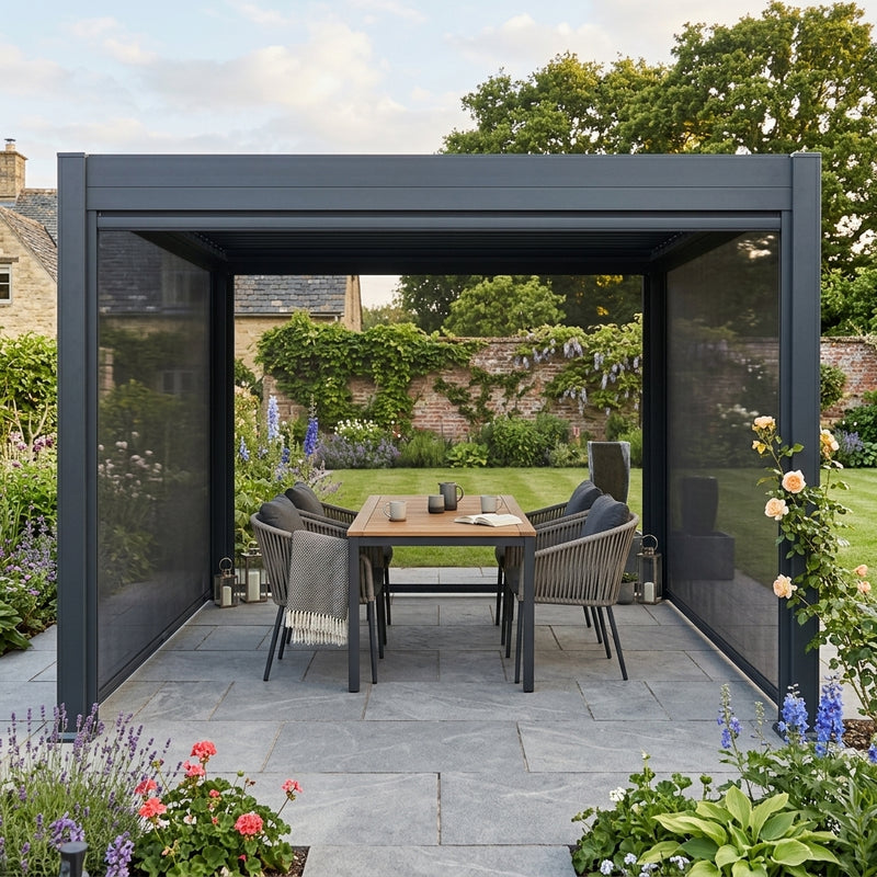 Outdoor patio with a pergola, table, chairs, and garden setting.