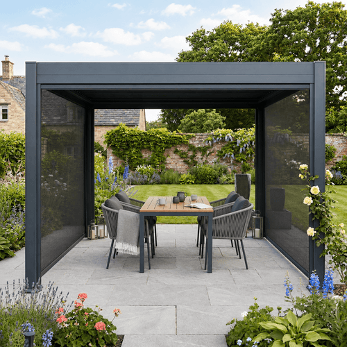 Outdoor patio with a black pergola, table, and chairs in a garden setting.