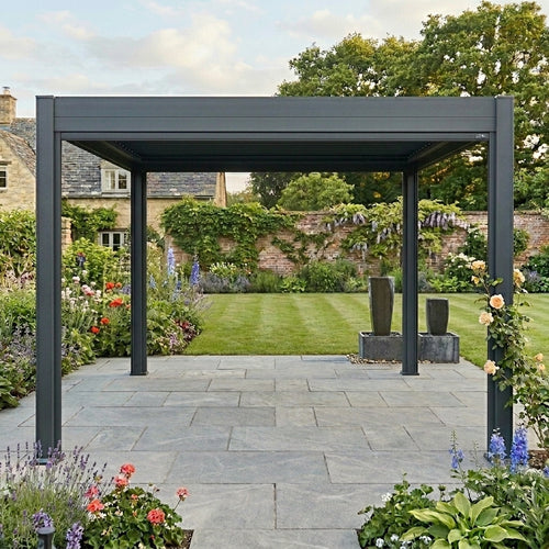 Pergola structure in a garden setting with flowers and plants around