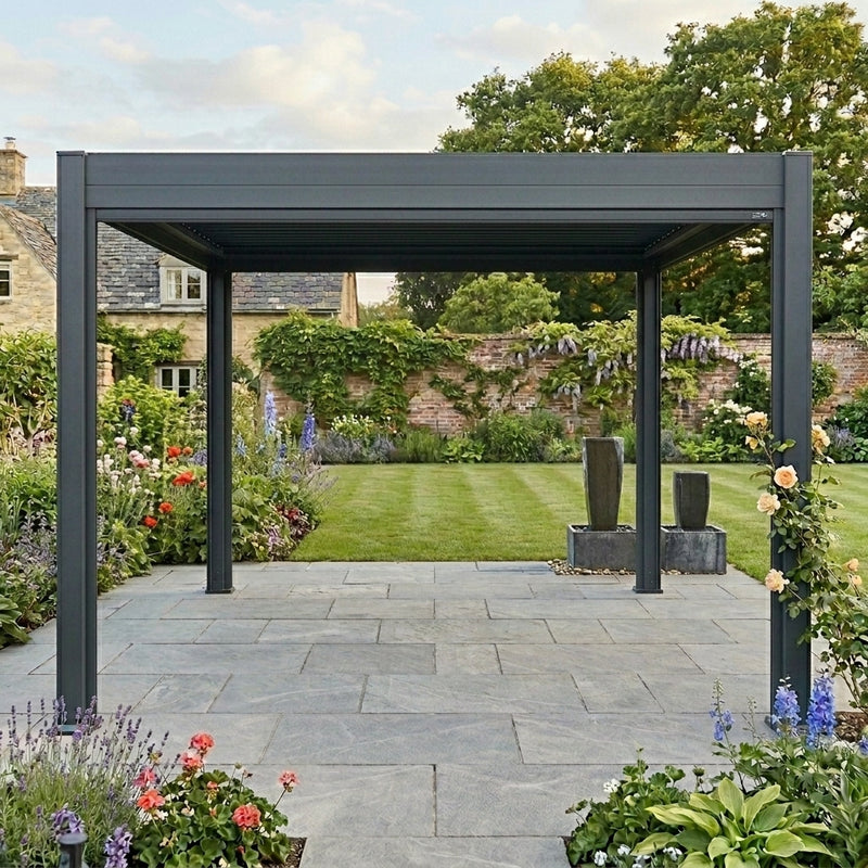 Pergola structure in a garden setting with flowers and plants around