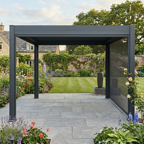 Garden pergola with a view of a garden and house in the background