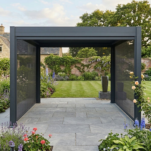 Modern garden pergola with mesh sides in a landscaped garden setting.
