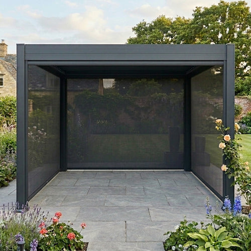 Modern garden pergola with mesh pull down blinds in a garden setting