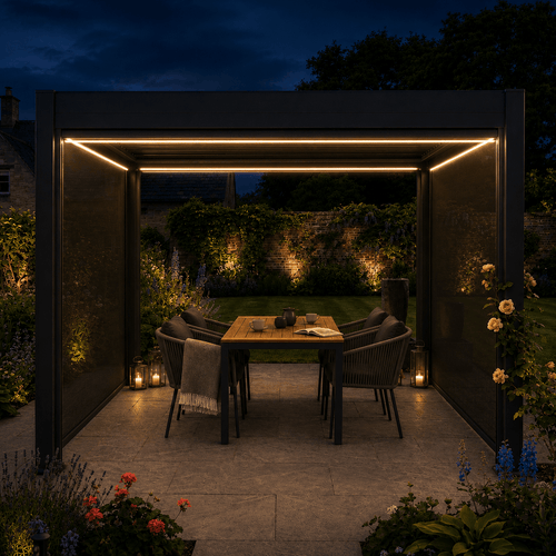 Outdoor patio area with a wooden table and chairs under a modern canopy at night.