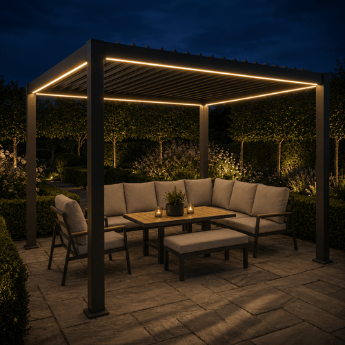 Outdoor patio with lit pergola, furniture, and candles in a garden setting at night.