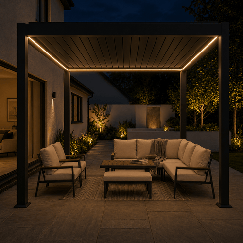 Pergola with LED lights at night
