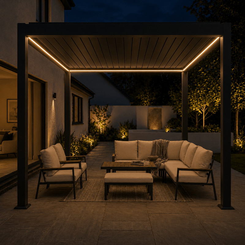 Pergola with LED lights at night