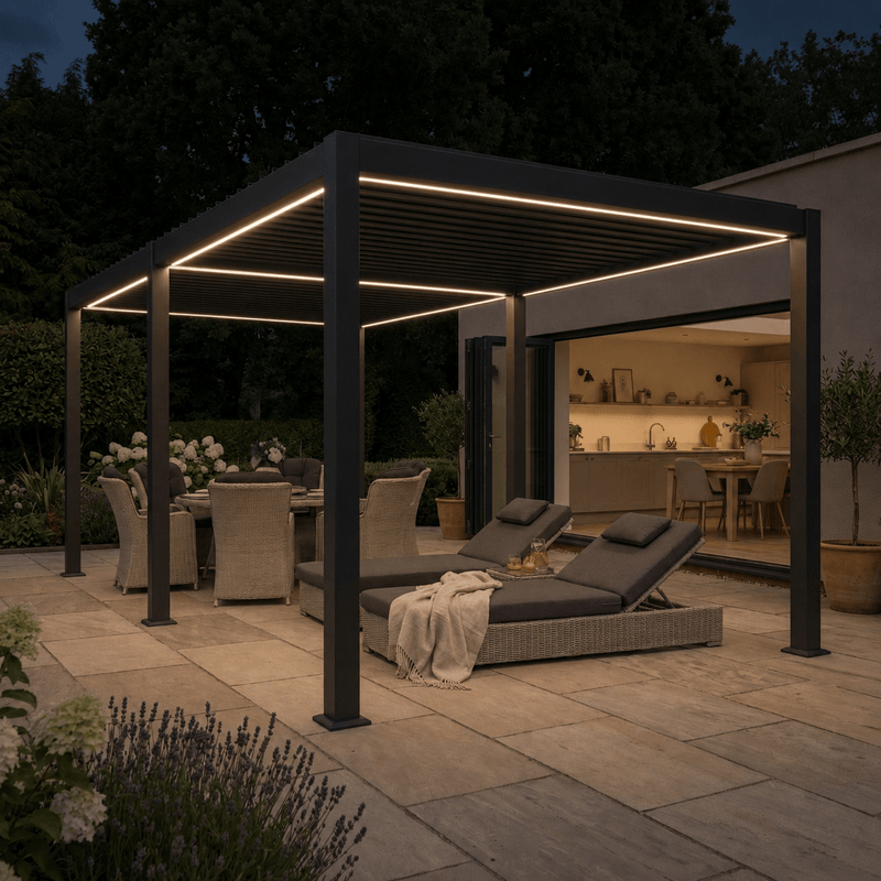 Outdoor patio with pergola, lounge chairs, and dining table at night.