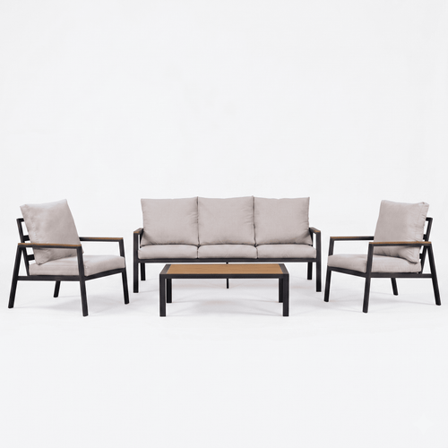 Outdoor furniture set with a sofa, two chairs, and a coffee table on a white background