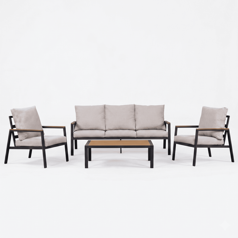 Outdoor furniture set with a sofa, two chairs, and a coffee table on a white background