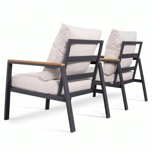 Two modern chairs with gray cushions on a white background