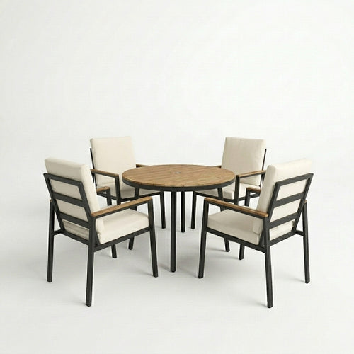 Round wooden table with four matching chairs on a white background