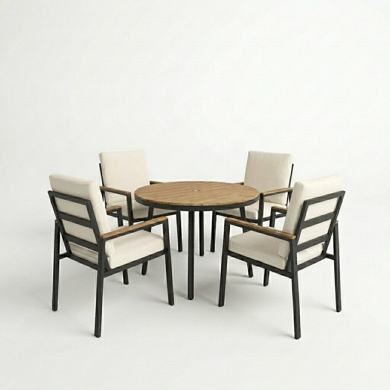 Round wooden table with four matching chairs on a white background
