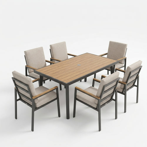 Outdoor dining set with a rectangular table and six chairs on a white background
