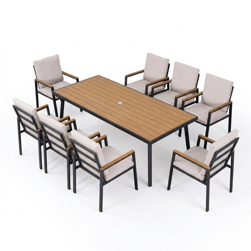 Outdoor furniture set with a rectangular table and eight chairs on a white background