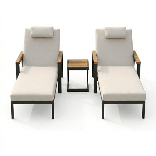 Two lounge chairs with beige cushions and a small table on a white background