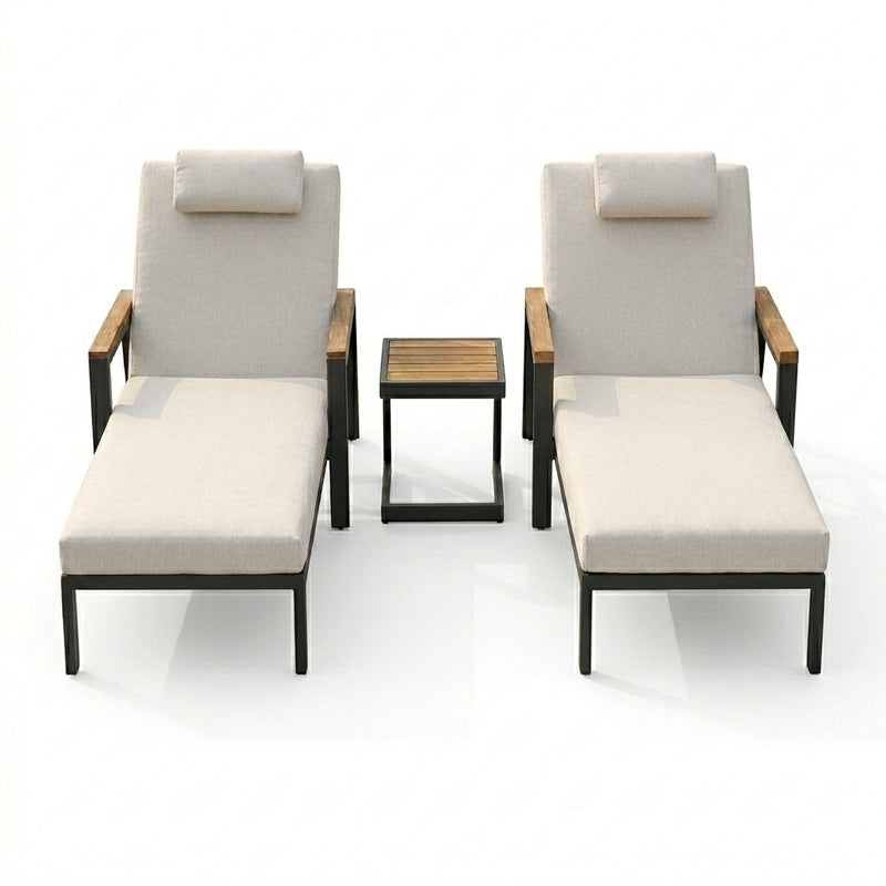 Two lounge chairs with beige cushions and a small table on a white background