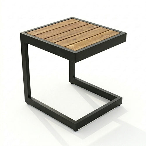 Small table with wooden top and black metal frame on a white background