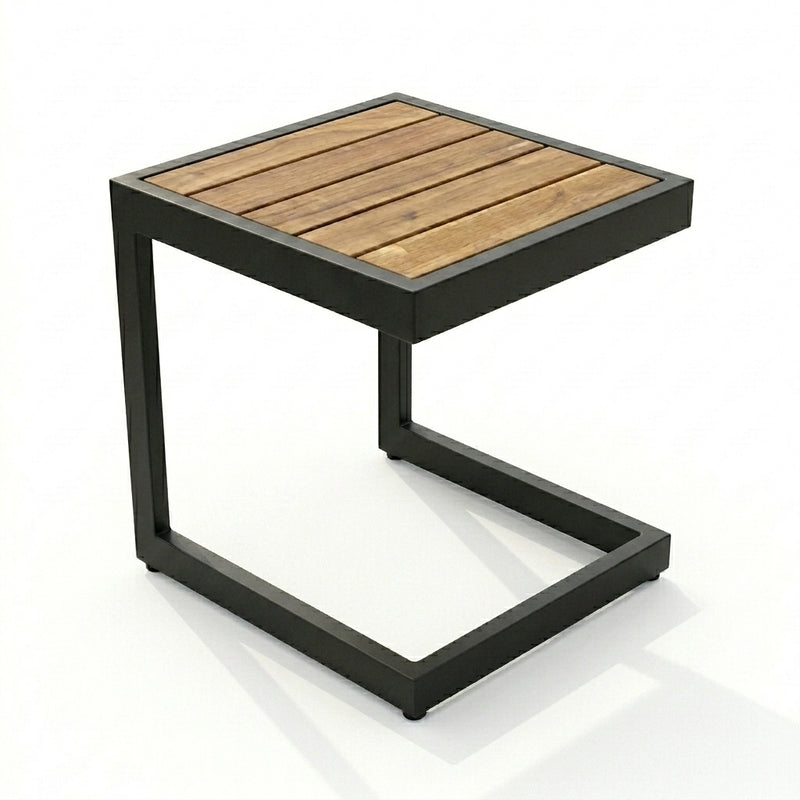 Small table with wooden top and black metal frame on a white background