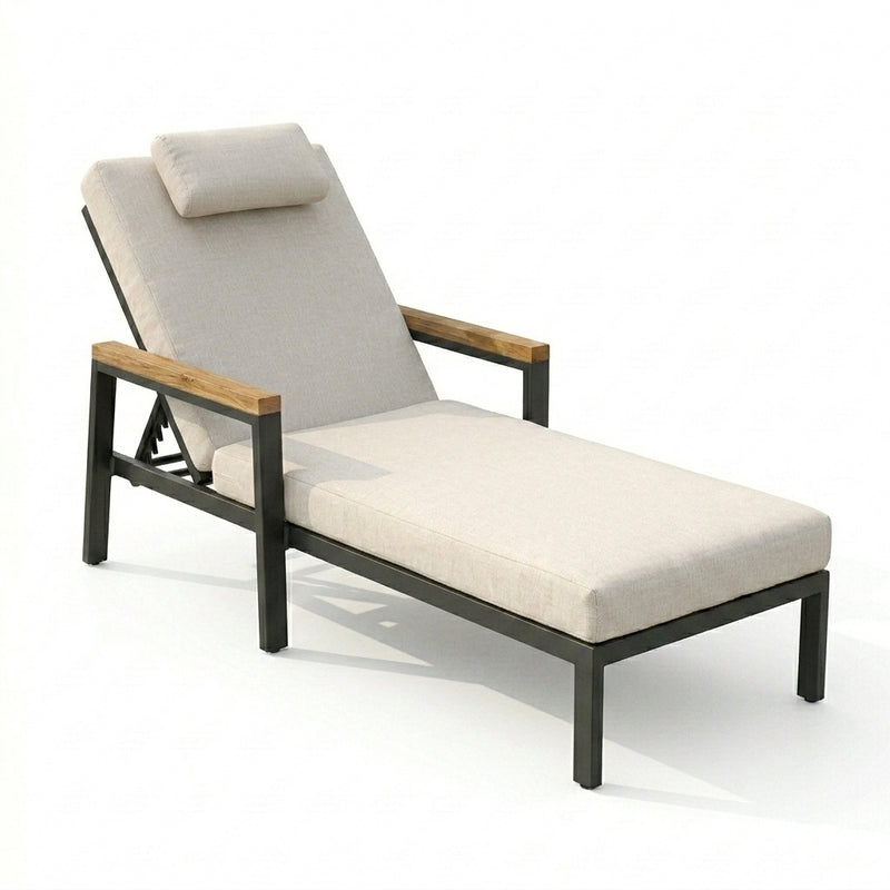 Beige lounge chair with wooden armrests on a white background