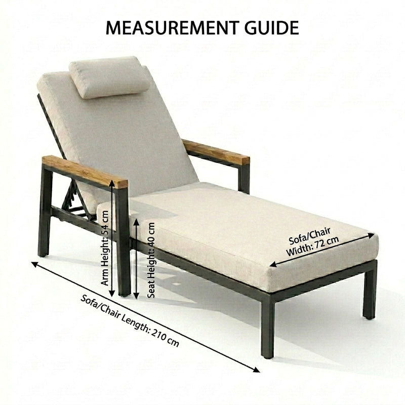 Measurement guide of a lounge chair with dimensions labeled