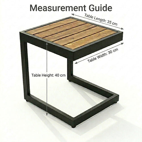 Measurement guide of a small wooden table with dimensions labeled.